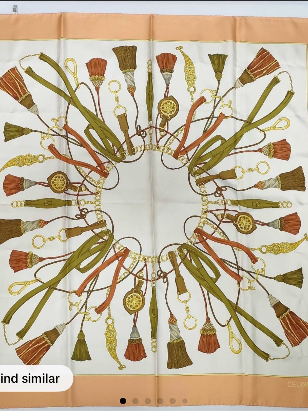 Celine Ivory Silk Scarf with Olive, Peach & Rust Tassel Motif
